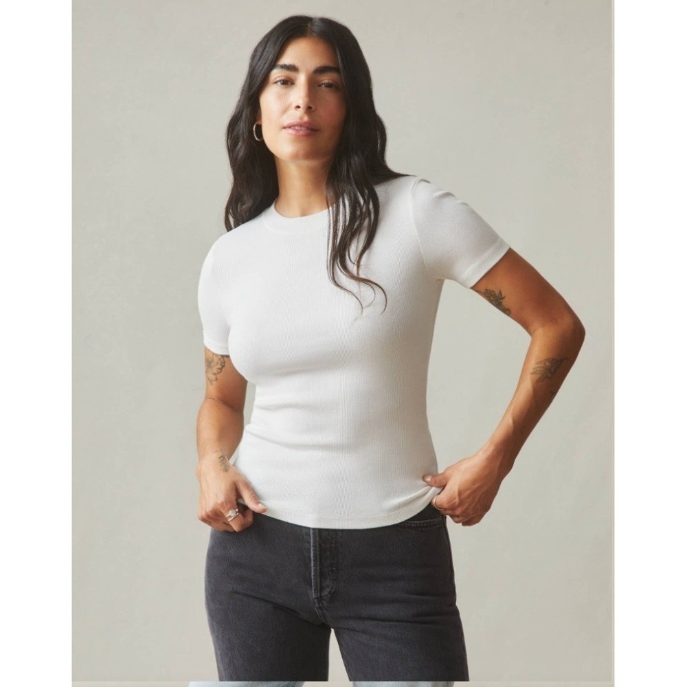 American Giant Luxe Ribbed Crew Neck T-Shirt Womens S White Modal Blend USA